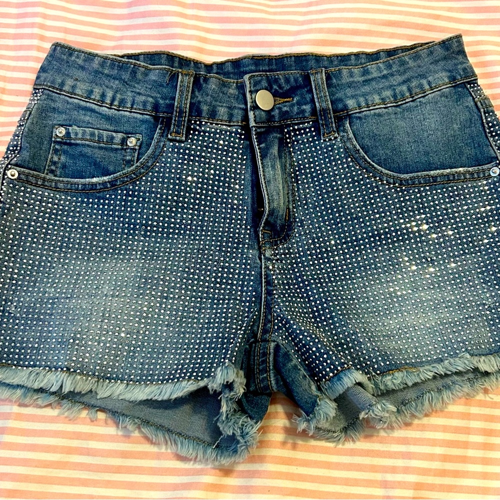 Vocal, Brand new. Demin with rhinstones, 2 inch inseam